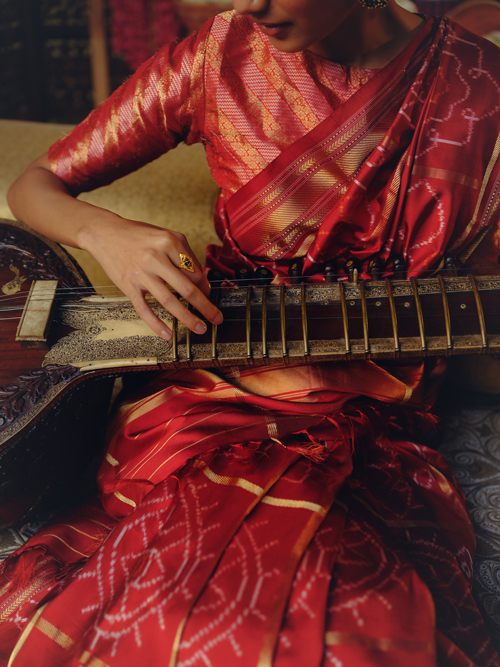 Woven pallu detail on a handloom saree at KALఅA by Kankatala